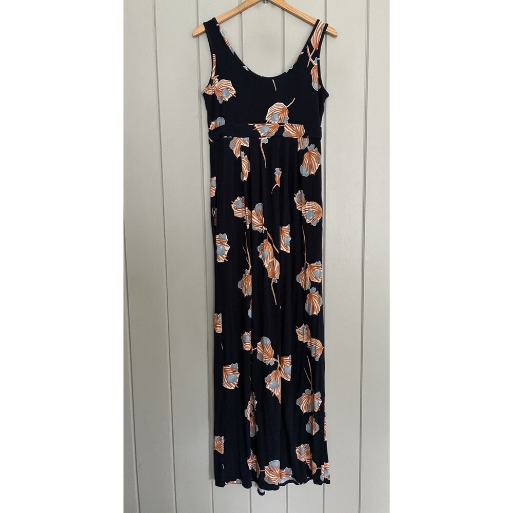 Bel Kazan Maxi Dress M Medium Jersey Knit Navy Blue Sleeveless Scoop Neck